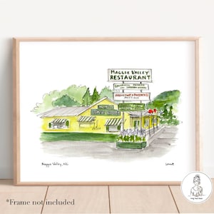 Maggie Valley, North Carolina, Restaurant, Watercolor and Ink Portrait, Gallery Wall Art, 8x10, 11x14 or 16x20 print