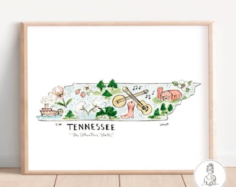 Tennessee State Art Print, Personalized, State Features, Favorite Town, Moving Gift, 8x10, 11x14 or 16x20 print