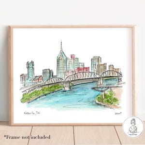 Nashville, TN. Skyline, Cityscape. Watercolor and Ink Print