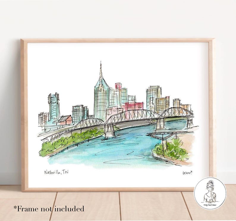 Nashville, TN. Skyline, Cityscape. Watercolor and Ink Print
