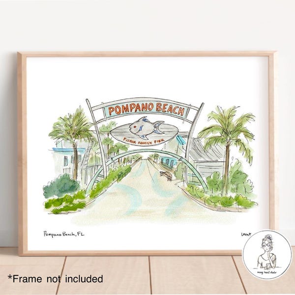 Pompano Beach, Floride - Jetée. Illustration du sud de la Floride, A1A, art mural personnalisé de la galerie, aquarelle et encre, impression 8 x 10, 11 x 14 ou 16 x 20