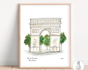 Paris, France - Arc de Triomphe. Watercolor & Ink Illustration, Archival Quality, 8x10, 11x14 or 16x20 print