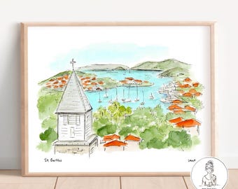 St. Barths, Ilustración en acuarela y tinta, Calidad de archivo, Gustavia, St. Barts, Saint Barthélemy, Impresión de 8x10, 11x14 o 16x20