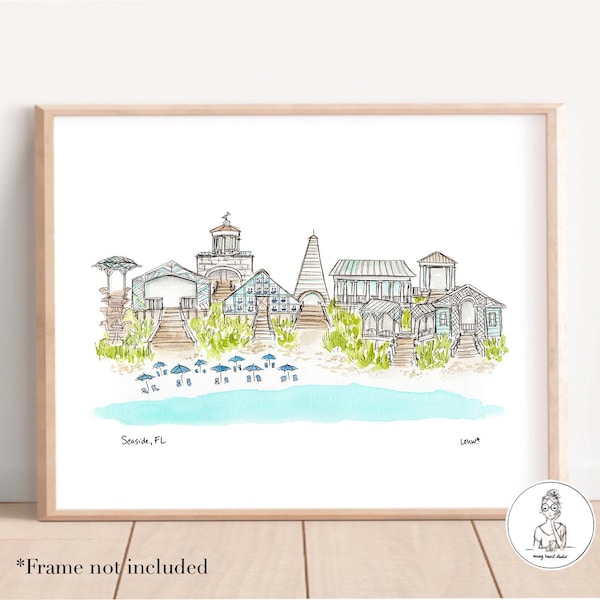 Pavillons en bord de mer, 30 A, illustration aquarelle et encre de Floride, art mural galerie personnalisé, impression 8 x 10, 11 x 14 ou 16 x 20