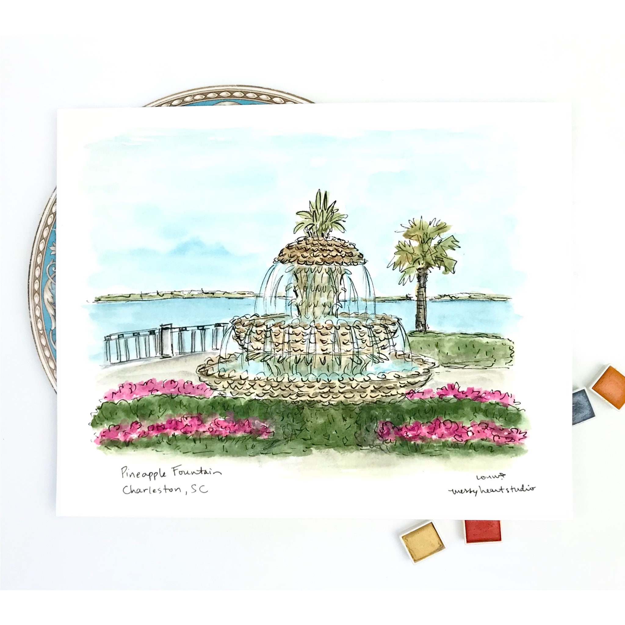 Charleston Pineapple Fountain Watercolor Print Prints Giclée