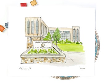 Villanova University Law School, Pennsylvania Campus Watercolor and Ink Illustration, Graduation Gift,  8x10 or 11x14 print