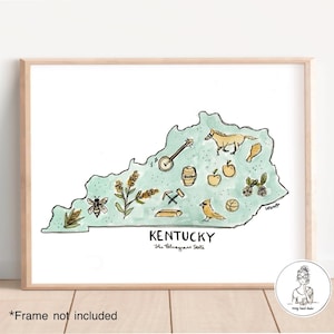 Mapa del estado de Kentucky con características emblemáticas, arte mural de galería, acuarela y tinta, estado de Bluegrass, calidad de archivo, impresión de 8 x 10, 11 x 14 o 16 x 20