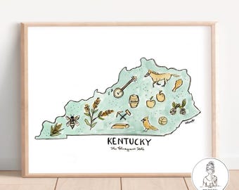 Kentucky State Map with Landmark Features, Gallery Wall Art, Watercolor & Ink, Bluegrass State, Archival Quality, 8x10, 11x14 or 16x20 print