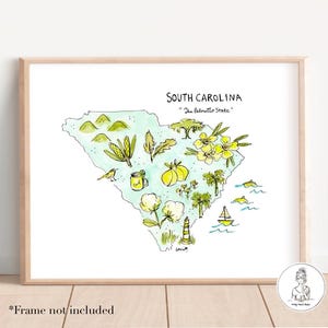 South Carolina State Shape, Map with Features, Gallery Wall Art, Watercolor, Archival Quality, 8x10, 11x14 or 16x20 print