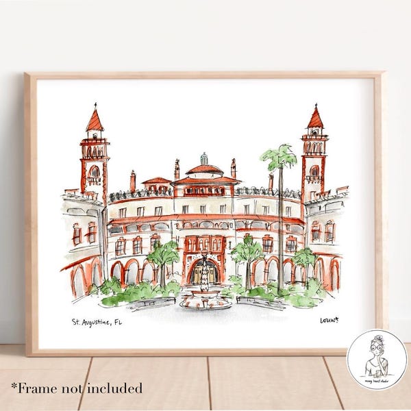 St. Augustine, Floride - Campus Art. Aquarelle et encre, mur de la galerie, cadeau de remise des diplômes, archives, impression 8 x 10, 11 x 14 ou 16 x 20