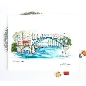 Chattanooga, Tennessee Riverfront Watercolor Archival Quality 8x10 or 11x14 print