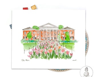 Ole Miss University of Mississippi Watercolor Illustration, Graduate gift Campus Landmark 8x10 or 11x14 print