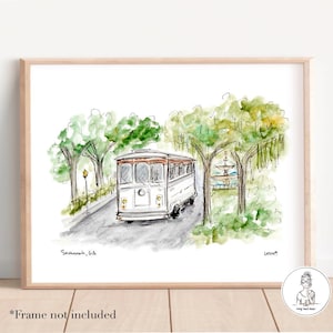Savannah, Georgia - Trolley Tour, Forsyth Park Fountain Illustration, Historic District, Savannah River Shops, 8x10, 11x14 or 16x20 print