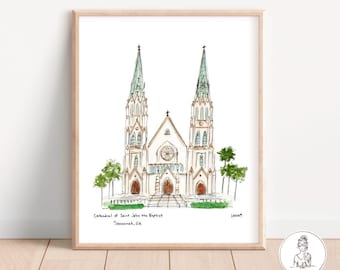 Savannah, Georgia - Cathedral of Saint John the Baptist Illustration, Watercolor Print, Historic District, 8x10, 11x14 or 16x20 print