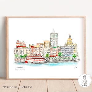 Savannah Riverfront, Georgia Aquarell Illustration Druck, Souvenir Kunstwerk, Galerie Wandkunst, 8x10, 11x14 oder 16x20 Druck