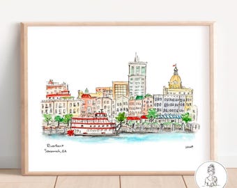 Savannah Riverfront, River Street, Georgia Watercolor Illustration Print, Souvenir Artwork, Gallery Wall Art, 8x10, 11x14 or 16x20 print