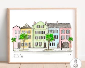 Charleston, SC - Rainbow Row Historic Homes, Charleston South Carolina Print, Watercolor & Ink, Archival Quality, 8x10, 11x14 or 16x20 print