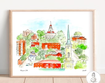 Macon, Georgia. Watercolor Illustration, Gallery Wall Art, 8x10 or 11x14 print