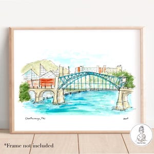 Chattanooga, Tennessee. Rivierfront, aquarium, Walking Bridge, aquarel archiefkwaliteit print 8 x 10 of 11 x 14