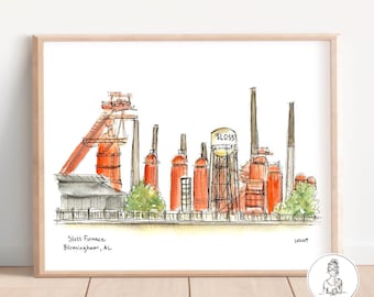 Birmingham, Alabama - Sloss Furnace. Ilustración en acuarela y tinta, arte mural de galería, impresión de 8 x 10, 11 x 14 o 16 x 20