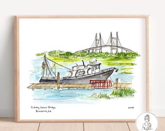 油彩画 漁船と橋の風景 サインあり