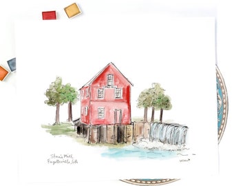 Starr's Mill, Fayetteville, Georgia, Watercolor and Ink Original Artwork Southern Cottage Art, Archival Quality 8x10 or 11x14 print
