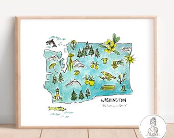 May include: Watercolor map art print of Washington State, featuring iconic landmarks and symbols. The map is in shades of blue and green, with illustrations of the Space Needle, trees, and a bird. The text "Washington 'The Evergreen State'" is included.