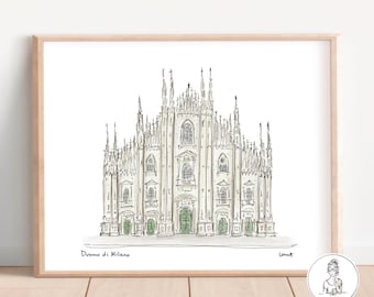Puede incluir: Una impresión en acuarela enmarcada del Duomo di Milano, una ilustración arquitectónica detallada. La obra presenta la fachada de la catedral en tonos blancos y grises, con puertas verdes. El texto "Duomo di Milano" está en la parte inferior.