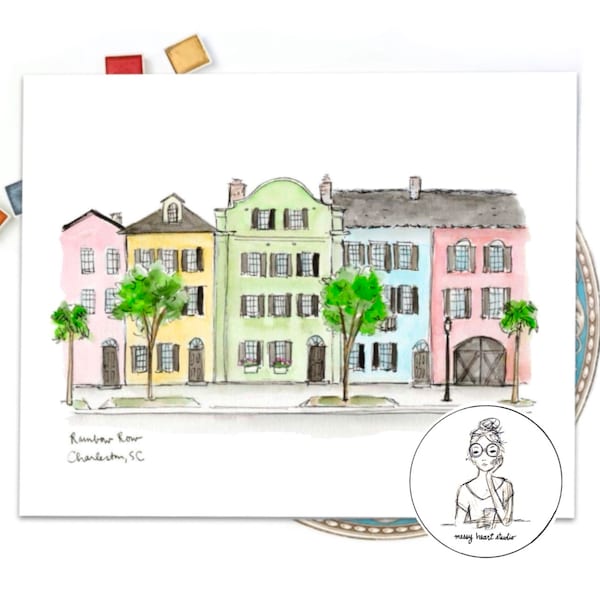 Charleston, South Carolina, Charleston Print, Rainbow Row Historic Homes, Watercolor Archival Quality 8x10 or 11x14 print