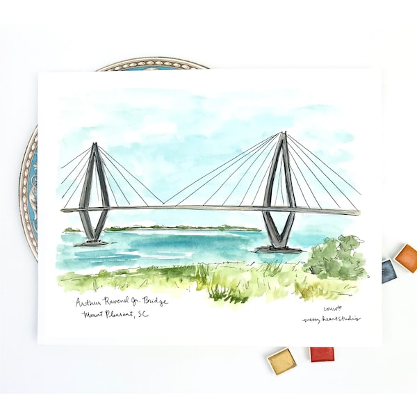 Charleston, South Carolina, Historic Arthur Ravenel Jr. Bridge, The Battery, Watercolor Archival Quality 8x10 print