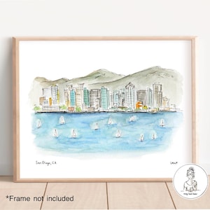 San Diego, CA - Skyline with Sailboats. Watercolor & Ink Illustration, Archival Quality, 8x10, 11x14 or 16x20 print