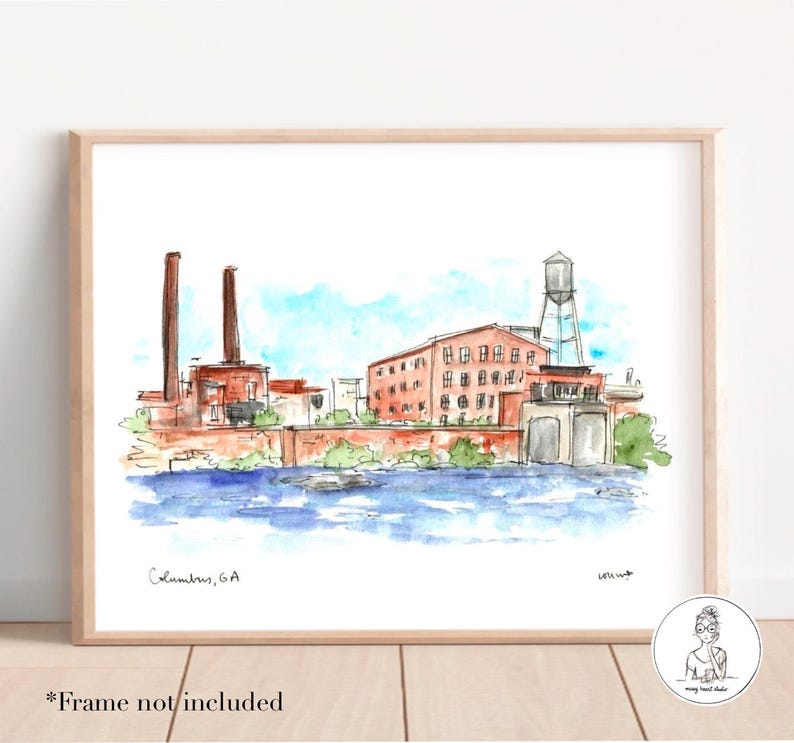 Columbus, GA - Chattahoochee Riverfront. Watercolor and Ink Print