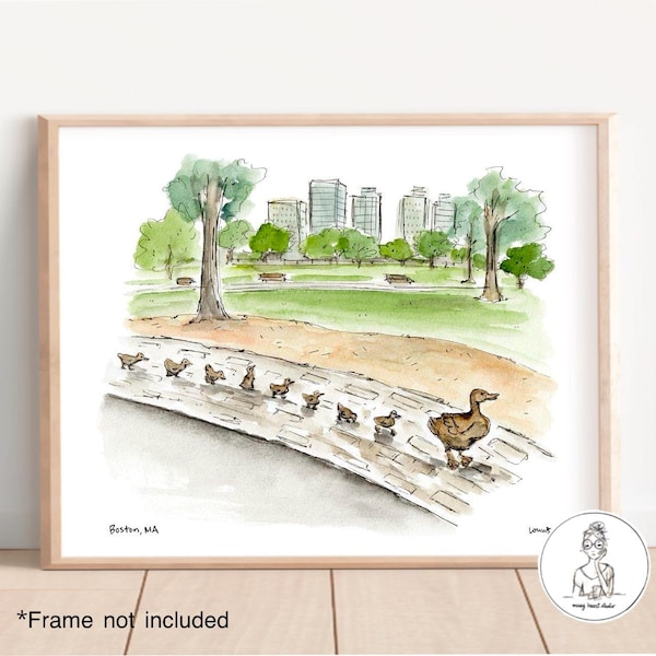 Boston, MA - Ducklings, Boston Public Garden. Watercolor & Ink Illustration, Archival Quality, 8x10, 11x14 or 16x20 print