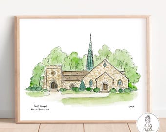 Mt. Berry, GA - Capilla. Acuarela y tinta, pared de galería, regalo de graduación, archivo, impresión de 8 x 10, 11 x 14 o 16 x 20
