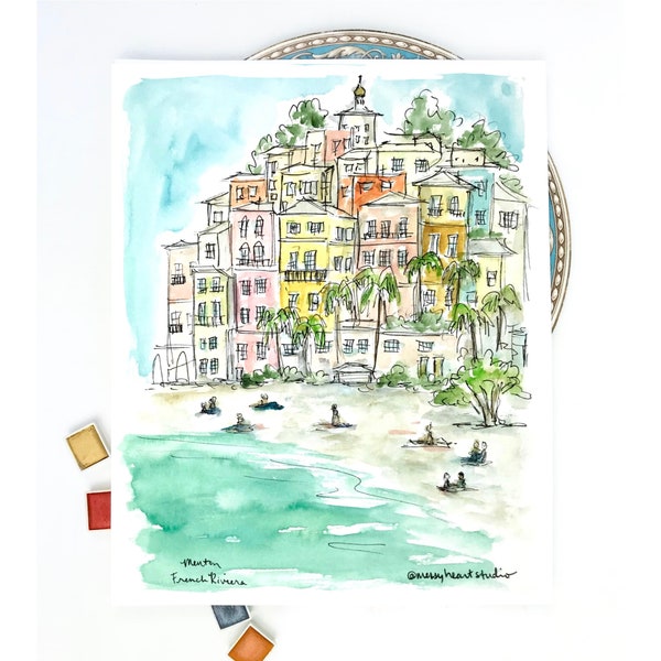 French Riviera watercolor illustration print, Colorful Menton France Archival Quality 8x10 or 11x14 print