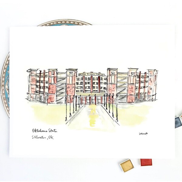Oklahoma State Football Stadium watercolor art, College Football Grad Gift Archival Quality 8x10 or 11x14 print