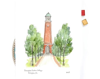 Birmingham Southern College, Alabama Illustrations, Watercolor Graduation Gift 8x10 or 11x14 print