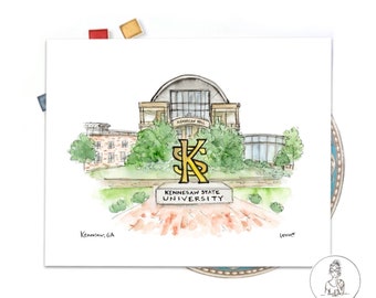 Personalized Graduation Gift, Kennesaw State University Art Print, Watercolor and Ink by Messy Heart Studio