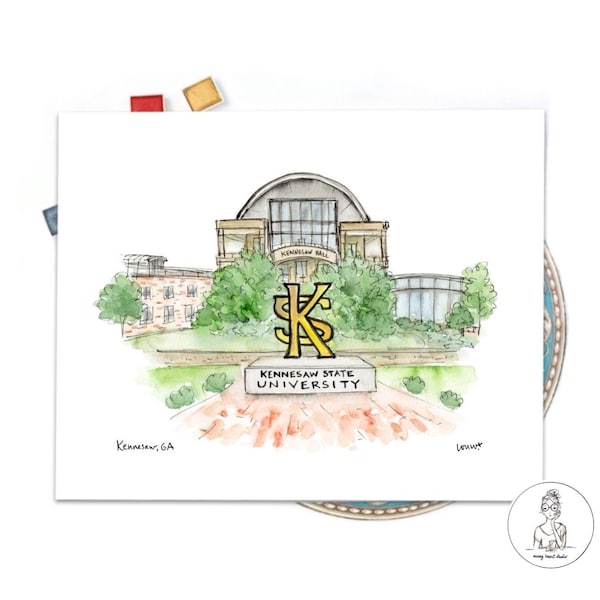 Personalized Graduation Gift, Kennesaw State University Art Print, Watercolor and Ink by Messy Heart Studio