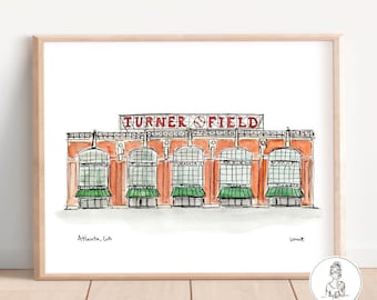 Atlanta, GA - Baseball Stadium. Watercolor Illustration Portrait, Vintage Stadium Art, Baseball, 8x10, 11x14 or 16x20 print