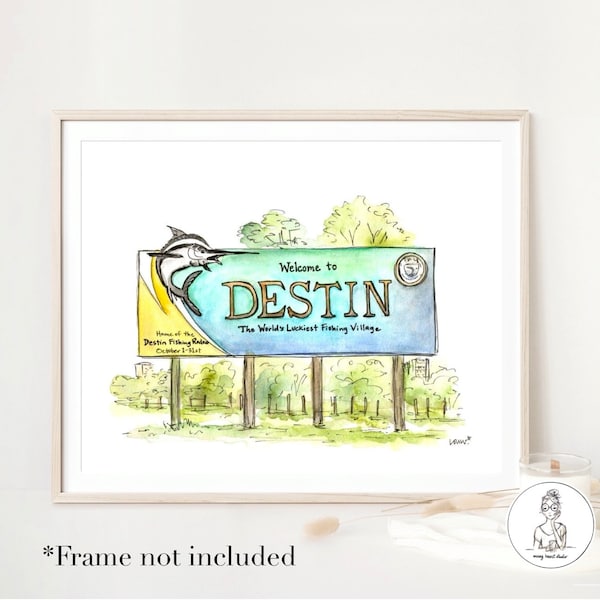 Destin, Floride, illustration à l'aquarelle et à l'encre, art mural personnalisé de la galerie, impression 8 x 10 ou 11 x 14