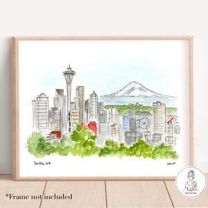 May include: Watercolor painting of the Seattle skyline with the Space Needle, Mount Rainier in the background, and green trees in the foreground. The painting is signed "Leanne" in the bottom right corner and "Seattle, WA" in the bottom left corner.