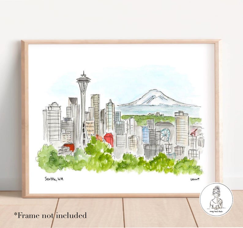 Seattle, WA -Skyline. Watercolor and Ink Print