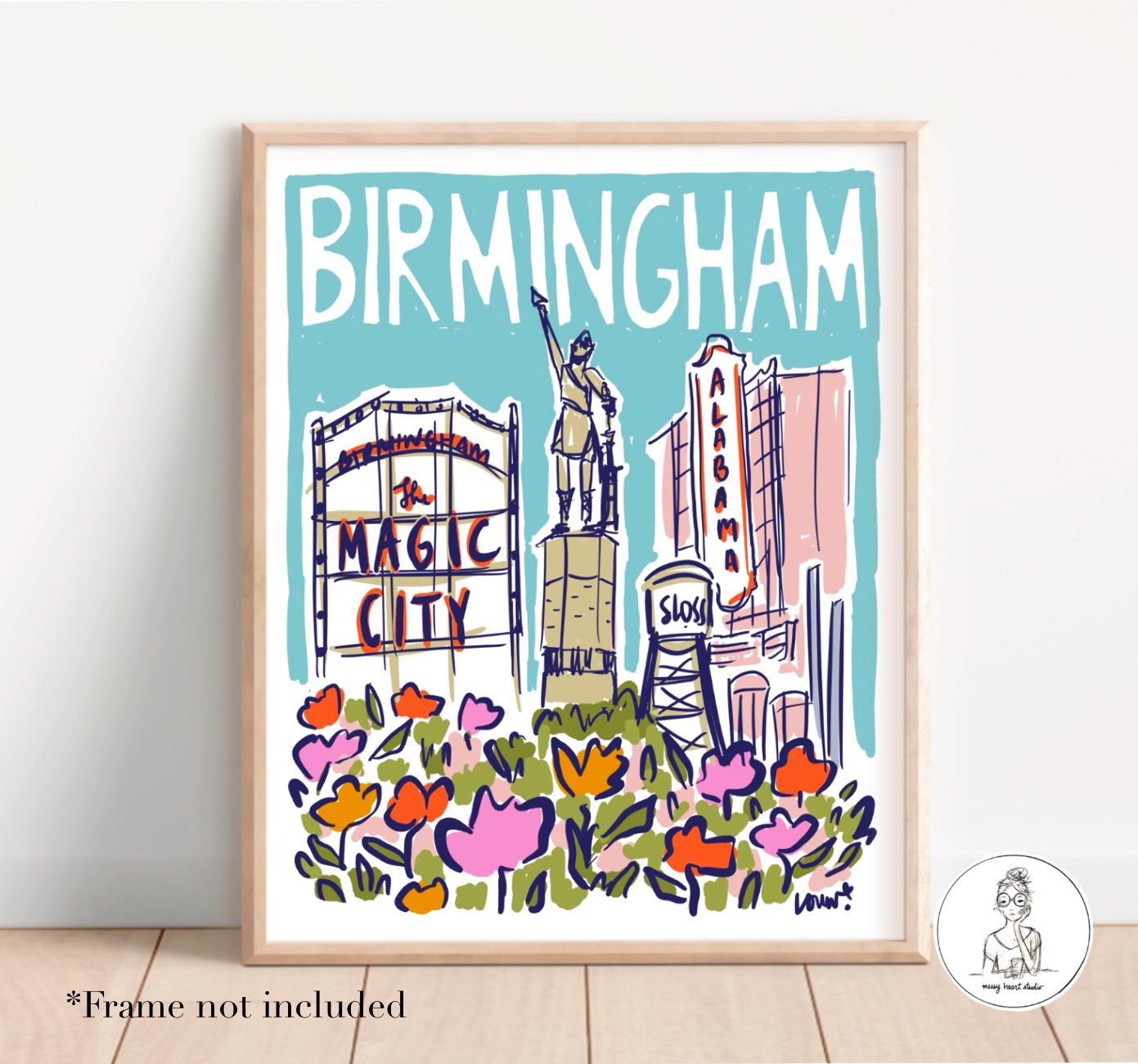 Birmingham, Alabama - Poster Collage. Colorful Original Illustration, Vulcan, Sloss, Magic City, AL Wall Art, 8x10, 11x14 or 16x20 print