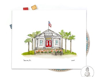 The Seaside Post Office, Seaside, Florida Watercolor and Ink Illustration, Personalized Gallery Wall Art, 8x10 or 11x14 print