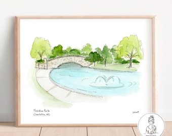 Charlotte, NC - Freedom Park. Watercolor & Ink Portrait, Gallery Wall Art, North Carolina Illustration, 8x10, 11x14 or 16x20 print