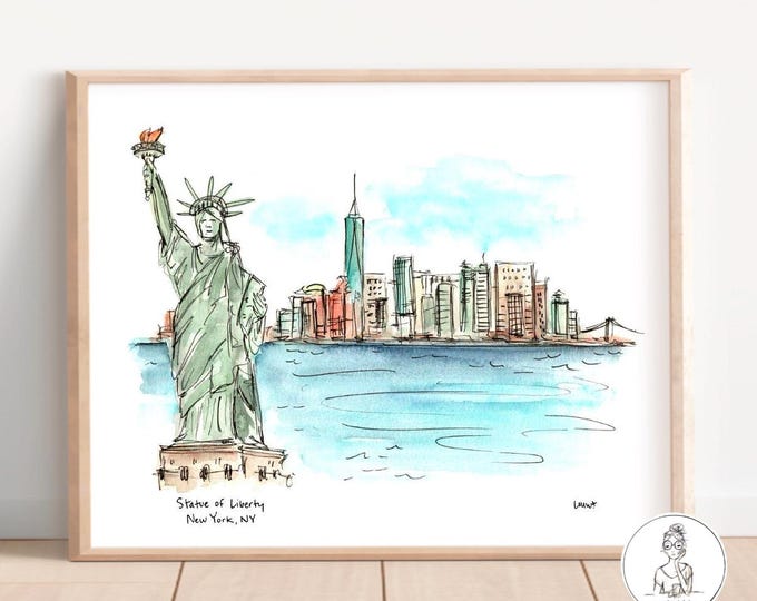 New York City, Statue of Liberty. Watercolor and Ink, NYC Art, Gallery Wall, 8x10 or 11x14 print
