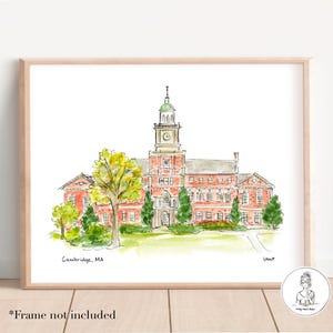 Cambridge, MA - Campus Art. Watercolor and Ink, Gallery Wall, Graduation Gift, Archival, 8x10, 11x14 or 16x20 Print