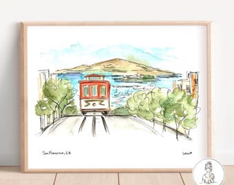 San Francisco Cable Car Watercolor and ink illustration print 8x10 or 11x14