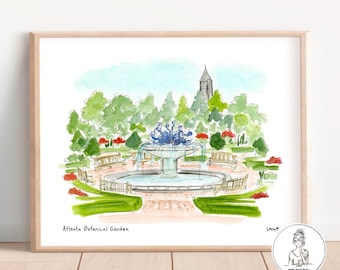 May include: Watercolor illustration of the Atlanta Botanical Garden featuring a fountain with a blue sculpture and a tall building in the background. The illustration is surrounded by green trees and bushes.